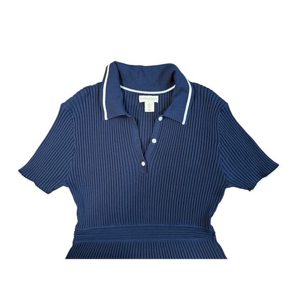 Cynthia Rowley Navy Rib Knit Stretch Midi Dress Collared Preppy Tennis Size L - Picture 4 of 8